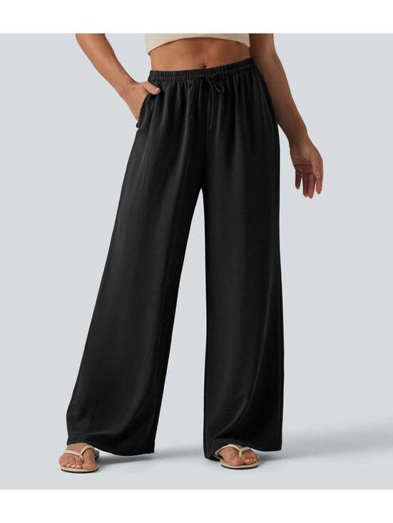 Halara Pants - Halara Mid Rise Drawstring Wide Leg Baggy Casual Linen-Feel Pants Black Size M